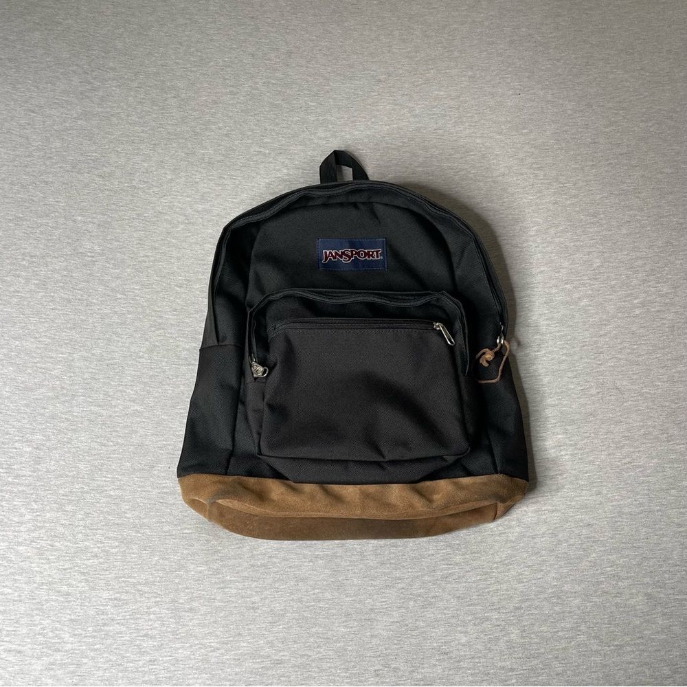 JanSport Right Pack Black & Brown Suede Leather Bottom Backpack Bag